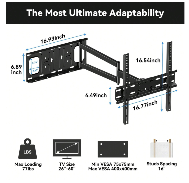FORGING MOUNT Long Arm TV Wall Mount For Most 26-60 Inch Flat Curved TVs - Image 2