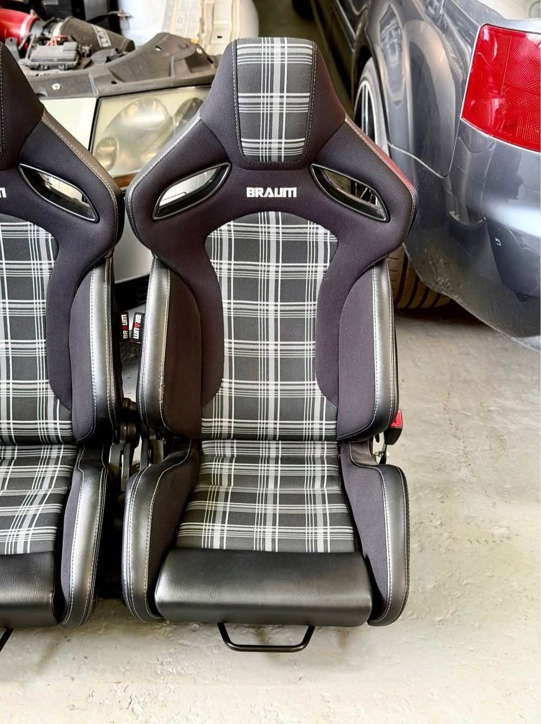 BRAUM Elite-S Grey Plaid Reclining Bucket Seats with VW Golf/Caddy Base Mounts