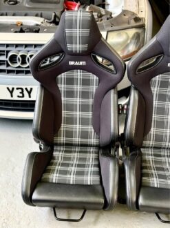 BRAUM Elite-S Grey Plaid Reclining Bucket Seats with VW Golf/Caddy Base Mounts