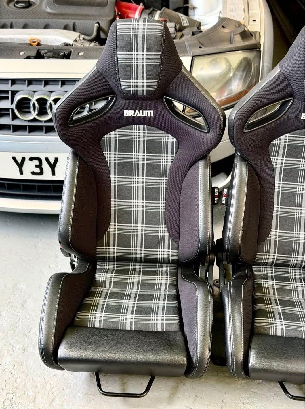 BRAUM Elite-S Grey Plaid Reclining Bucket Seats with VW Golf/Caddy Base Mounts