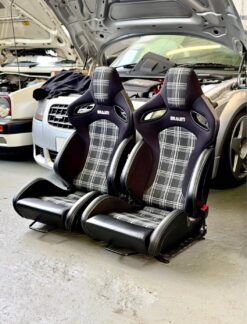 BRAUM Elite-S Grey Plaid Reclining Bucket Seats with VW Golf/Caddy Base Mounts